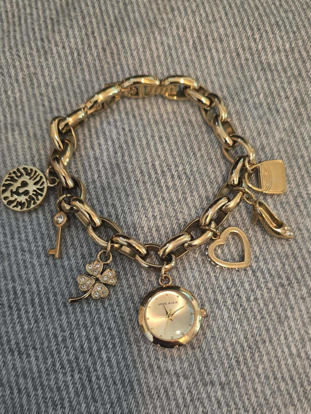Anne Klein Gold Charm Bracelet Watch with Swarovski Crystals, EUC Working